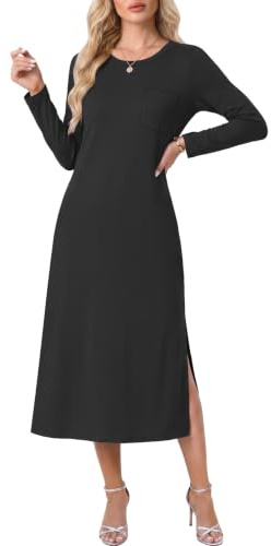 AUSELILY Women's UK Autumn Long Sleeve Midi Dress Split Loose Casual Dress | Round‑Neck and Relaxed‑Fit Design,Side Slit Design,Soft and Stretchy Fabric,Suitable for Autumn and Winter Outfits