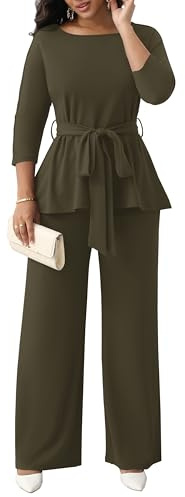CLOCOR Women's 2 Piece Outfits Suit Set 3/4 Sleeve Peplum Top Flared Pants Sets Business Pantsuits