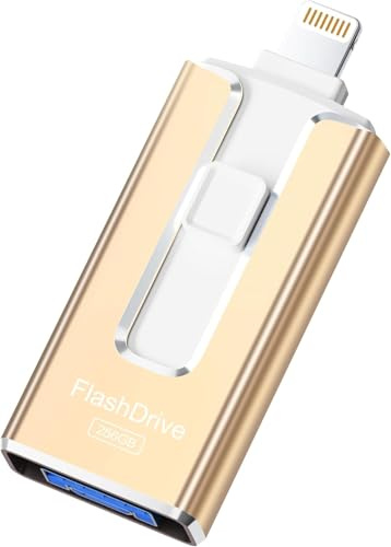 SUDEHO MFi Certified 256GB Pendrive para iPhone, 4 en 1 Memoria Externa Pen Drive, USB 3.0 Unidad Flash para Guardar Más Fotos Vídeos, USB c Flash Drive para iPad/iOS/Android/Mac/PC,Dorado