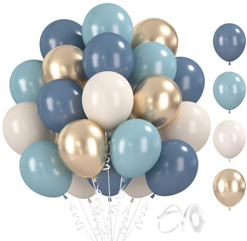 BlooMoo 60 Pezzi Palloncini Blu Bianco, 12 Pollici Palloncini in Lattice Blu Bianco e Champagne, Palloncino Metallizzato, per Compleanno Matrimonio Battesimo Decorazione Festa