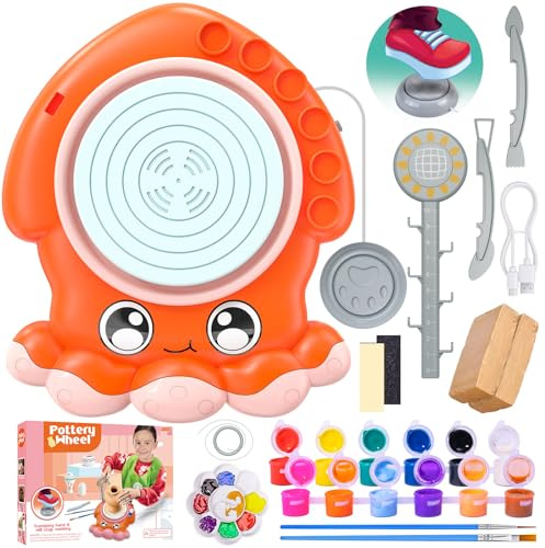 Roaxkois Tornio elettrico per bambini – Set fai da te con argilla, colori, attrezzi e grembiule – 2 velocità, design a forma di polipo – Set creativo per bambini e bambine dai 6 anni in su