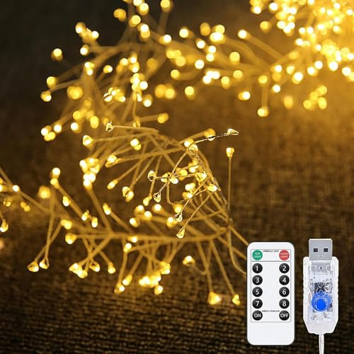 KINGCOO Feuerwerk Lichterkette Außen Innen, 12M 400LED USB Kupferdraht Cluster Lichter 8Modi mit Timer Fernbedienung für Schlafzimmer Hochzeit Party Weihnachten DIY Décor (Warmweiß-1)