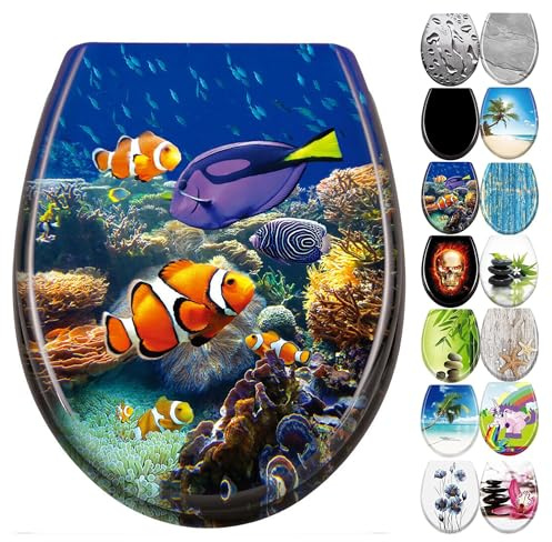 YZNAHRE WC-Sitz Toilettendeckel mit SoftClose 45x38cm Bunte Fische | Langlebig Polypropylen, kratzfest,antistatisch, schwer entflammbar, Soft-Close, ergonomische O-Form, leicht reinigen