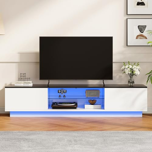 Skandinavisk 140 cm vit+svart TV-bänk med förvaring, LED-TV-bänk med 2 dörrar, öppen förvaring, TV-bord för vardagsrum, modern design, lågt skåp, TV-bänk för vardagsrum och sovrum (vit, 140 cm)