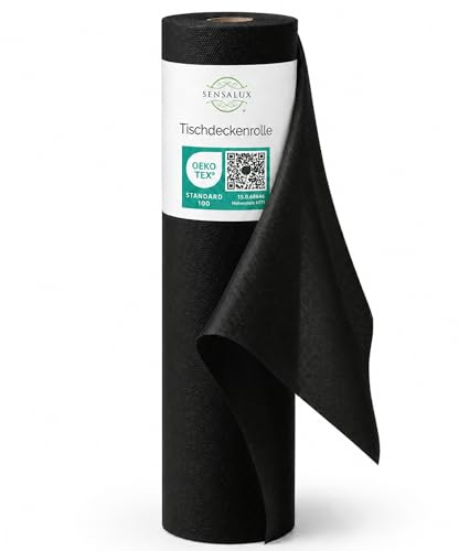 Sensalux Tischdeckenrolle Vlies 1,50 x 25 m Schwarz, 80 g/m² | abwaschbar, wasserabweisend, stoffähnlich, Tischdecke Rolle, OEKO-TEX, Party, Hochzeit, Catering, Event
