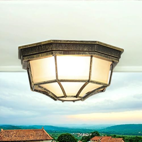 Licht-Erlebnisse Deckenlampe Aluminium Glas in Gold Antik IP44 Eingang Terrasse H:13 cm E27 blendarm Rustikal Maritim Außendeckenleuchte Garten MILANO