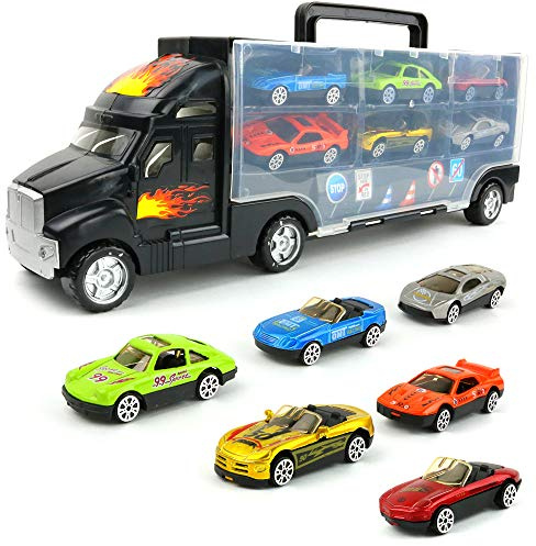 Big Mo's Toys Transport Car Carrier Truck - with 6 Stylish Metal Racing Cars - with Carrying Case