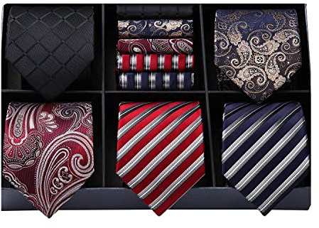 HISDERN Men's Tie and Handkerchief Set Business Classic Ties for Men Wedding Party Lot 5 Pcs Silk Necktie & Pocket Square with Gift Box