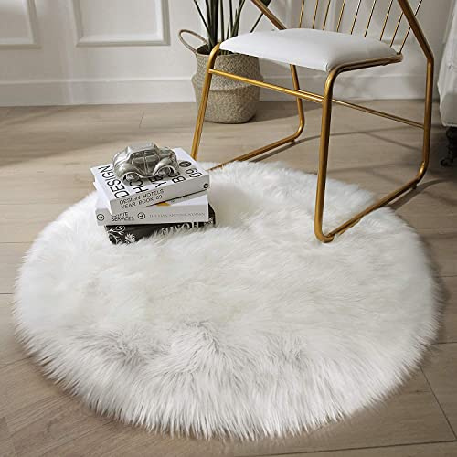 HEQUN Alfombra de Piel de Oveja sintética, Artificial Alfombra,Funda de Silla de Forro Polar Suave y mullida para recámara, sofá, Suelo (90 X 90 CM, Blanco)
