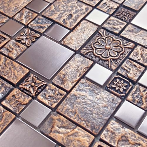 Hominter Bronze & Brushed Metal Mosaic Tile Copper Textured Resin Decorative Wall Backsplash for Kitchen Backsplash, Bathroom Wall, Fireplace Surrounds (5 Square Feet) | Vintage Embossed Textured Patterns Moisture Resistant for Bathroom, Fireplace, and Interior Decor