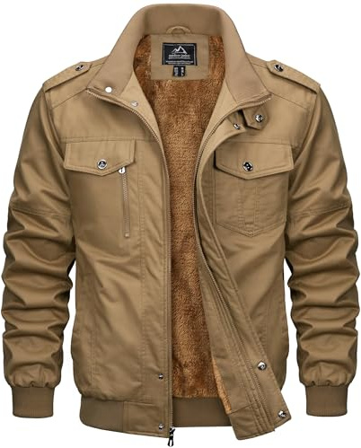 MAGCOMSEN Chaqueta de invierno cálida de forro polar para hombre con múltiples bolsillos, resistente al viento, chaqueta militar para hombre, caqui, L