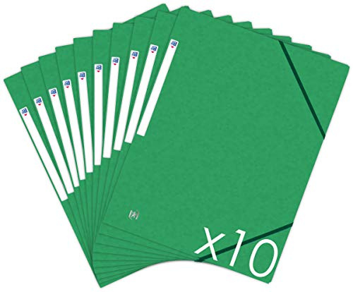 Oxford Topfile+ 10 Stück Schnellhefter aus Karton, 3 Klappen, Format A4, Gummibandverschluss, Farbe: Grün