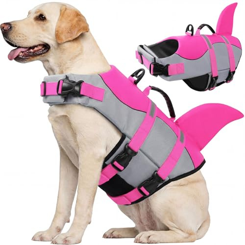 CITÉTOILE Schwimmweste Hund Hai, Hundeschwimmweste mit Griff, Rosa, XL | Verstellbar Rettungsweste mit Reflektoren, Dog Life Jacket für Kleine Mittel Große Hunde zum Schwimmen, Bootfahren, Surfen