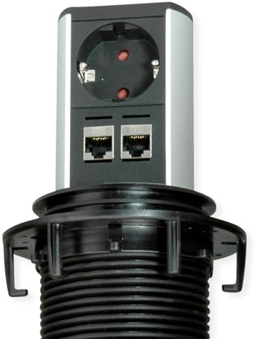 Bachmann Versenkbare Steckdose Elevator 1-Fach, 2X CAT6 LAN 0,5m GST Kabel Tischsteckdose für Küche und Büro Edelstahl-Optik 928.0040 (Fährt per Fingerdruck aus, mit hochwertigem Aluminium-Profil)