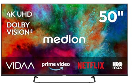 MEDION 125.7 cm 50 Televisor Ultra HD Smart TV Dolby Vision HDR Dolby Atmos Vida Store Prime Video Disney+ DAZN HbbTV PVR Bluetooth HD+, MD850302