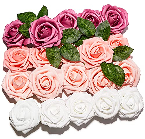 PartyWoo Künstliche Rosen, 20 Stück Kunstblumen, Schaumrosen, Deko für Geburtstage, Hochzeiten und Partys (Rosa und Weiß)