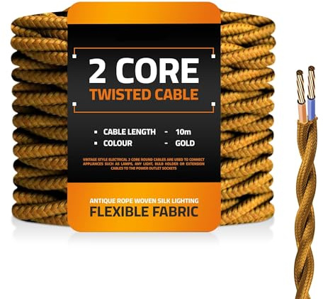 10m Fabric Cable Twisted Cloth Covered Wire 2 Core Electrical Lamp Cord 18AWG 32.8 Feet, Vintage Woven Wiring for Pendant Lights, DIY Projects (Gold)