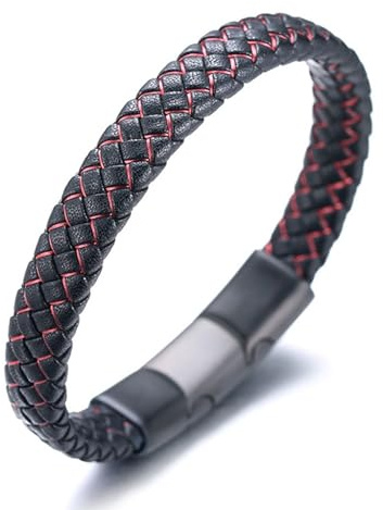 HALUKAKAH Barn ● Jazz Junior ● Pojkar Äkta Läder Handgjord Fläta Svart Mix Röd Armband 6-12 år. Titan Magnetiskt Frostat Lås Storlek Justerbar 18-19.5cm med Gratis Presentbox