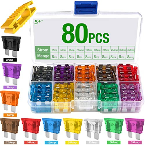 5Plus 80-Pack Assorted Auto Car Blade Fuses – Standard Fuse Replacement Kit (2A-35A) with Fuse Box and Extractor Tool