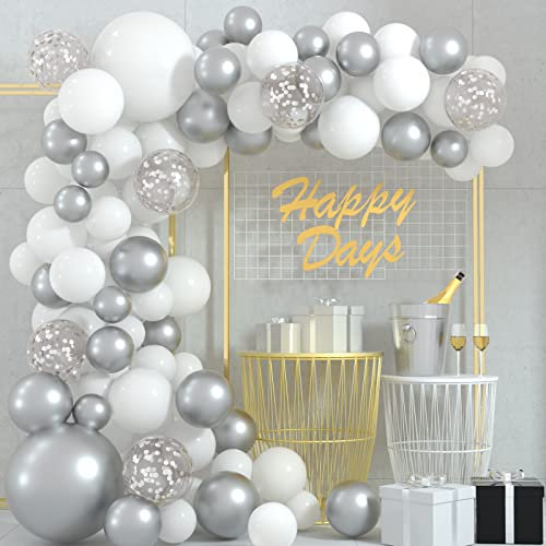 FEPITO 108 Pezzi Palloncini Argento Bianco Ghirlanda Arco Kit 5 10 12 18 Pollici Palloncini Coriandoli Argento Bianco Pastello per Compleanno Matrimonio Addio Al Nubilato Baby Shower Decorazioni