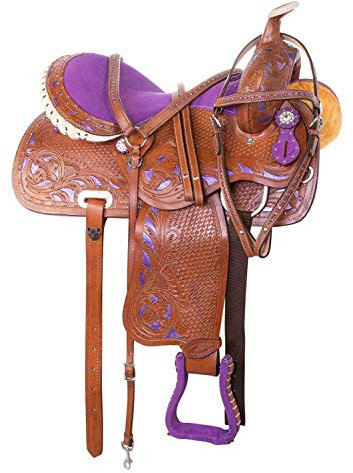 Wonder Wish Western Pleasure Trail Leder-Pferdesattel, violettes Fass-Rennen, Western-Show-Leder, hochwertiges Rindsleder, Sattelzaum-Set (Größe 29,2 cm)