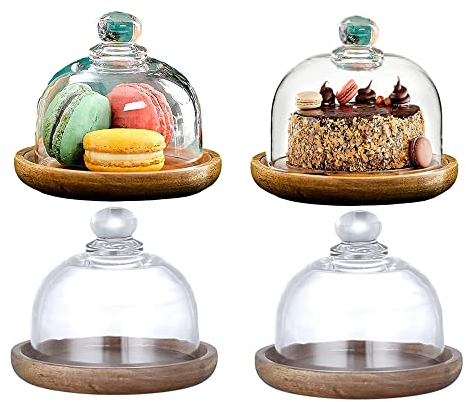 Tiamu 4Pcs Porta Tartas Madera de con Acrilico Cupula, Mini Soporte para Servir Postres, Campana para Tartas Transparente, Exhibición de Postre de Pastel de Buffet de Hotel, 10.5x9.5cm