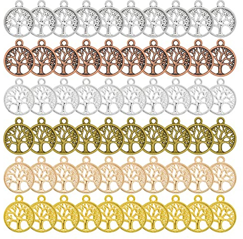 Skyzone Tree of Life Connector Charms for Jewellery Making,60 Pieces Metal Life Tree Pendant Flat Round Charm for DIY Crafting Making Necklace Bracelet Earring Decoration (Mix Colour)