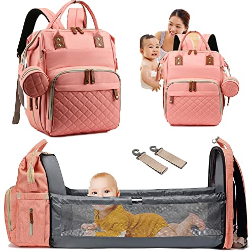 Fexkean Wickeltasche Rucksack Baby Wickelrucksäcke mit Großer Reisewindeltasche mit faltbarem Kinderbett mit Multifunktions Babytaschen Wickelauflage Babybettrucksack-Pink