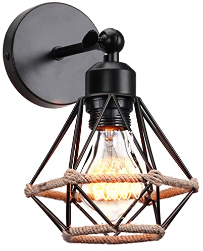 Lámpara de Pared Vintage Industrial Aplique Pared Interior E27 Metal con Cuerda de Cáñamo Retro Diseño de Jaula Luz de Pared Ajustable Iluminación para Dormitorio Pasillo Cocina (Aplique - 1 pieza)