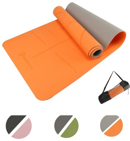 PERPETUAL® Esterilla de Yoga y Pilates de 6mm TPE - Mat Antideslizante - Con Correa y Bolsa de Transporte - Colchoneta Gruesa y Plegable - Hombre/Mujer - Fitness en Casa (Naranja con Indicadores)