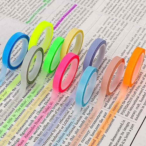 10 rotoli di nastro adesivo trasparente colorato, rimovibile, fluorescente, colorato, evidenziatore, per studenti, insegnanti, leggere, prendere appunti in classe (0,6 cm x 5 m)
