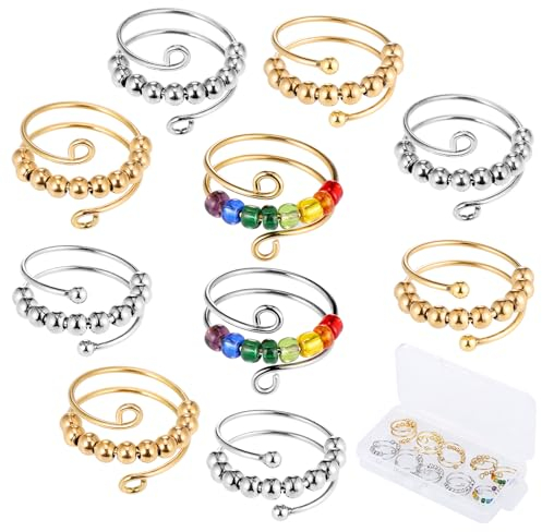 Huiguli Anti Stress Ring, 10 Stück Verstellbare Fidget Ring, Anxiety Rings mit Perlen, Mode Offenen Spinner Ringg, Geburtstag Muttertag Geschenk für Mädchen Frauen Damen