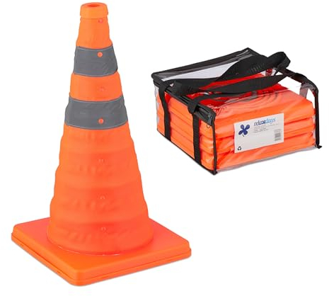 Relaxdays Coni Stradali Segnaletici, Set 4 Birilli Pieghevoli con Strisce Riflettenti 45x24,5x24,5 cm, Arancione Argento, Poliestere