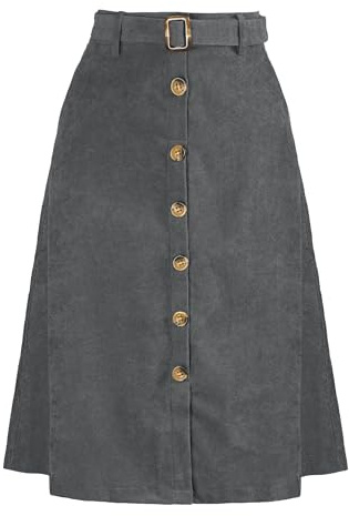 Allegra K Jupe midi taille haute pour femme - Jupe trapèze en velours côtelé avec ceinture sur le devant, gris, S