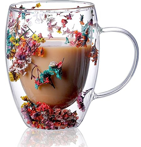1 Stück Klar Doppelwandige Gläser Latte Macchiato Gläser Kreativ Blumen Cappuccino Glass Doppelwandige Kaffeegläser Teeglas Mit Henkel Für Milchkaffee Espresso Kaffee Saft Thermogläser Doppelwandig