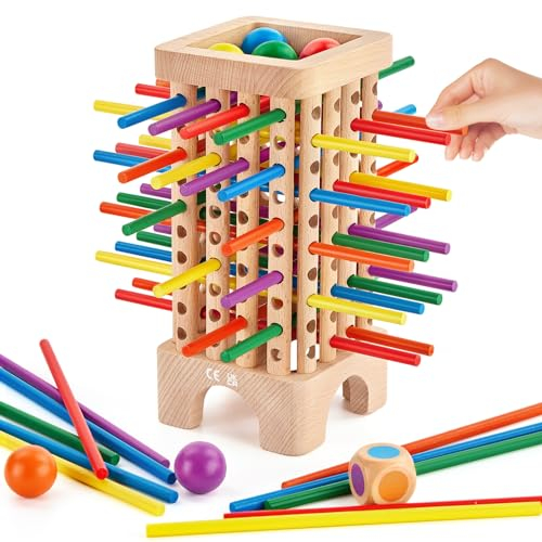 Giochi Montessori 3 4 5 6 Anni, Giochi con Bastoncini di Legno, Gioco Torre Bambini con 42 Bastoncini Colorati & Dadi, Migliora Le Abilità Motorie Fini per Ragazzi Ragazze