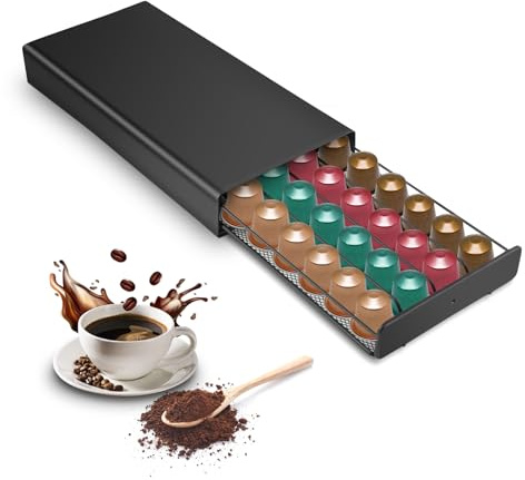Coffee Capsule Drawer Holder, Iron 40-Pod Storage Organiser | Slim under-machine drawer, stores 40 capsules, black metal kitchen accessory, space-saving coffee bar organiser, compati