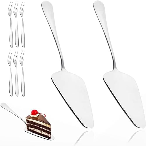 Edelstahl Tortenschaufel,Tortenheber, 2 Stück Kuchenheber, Kuchenheber Tortenmesser, Kuchenschaufel, Tortenschieber, für Küche Esszimmer und Urlaubspartys, Serviert mit 6 Kuchengabeln, Silber