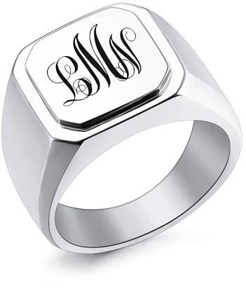 INBLUE Personnalisé Gravé Nom/Initiale Monogramme Chevalière pour Homme avec Taille Optionnelle 54-75 Acier Inoxydable Bagues de Lettre Bijoux de Mode pour Anniversaire Mariage - A3