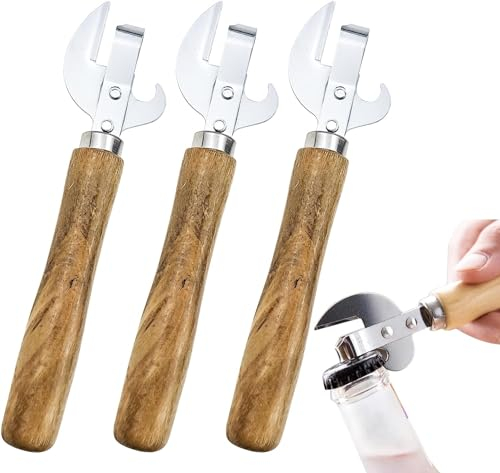 3 Pack Stainless Steel Kitchen Utensil Multifunctional Lid Remov with Wood Handle Bottle Punch Can Opener for Camping and Traveling