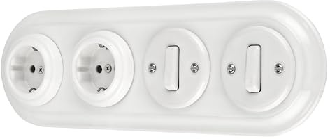 Unterputz Porzellan Retro Steckdose, Schalter, 4-fach, All-in-One, SET Serie PR1 weiß