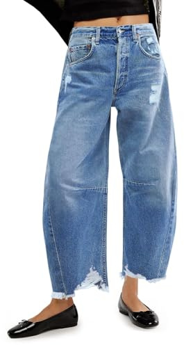 Allimy Womens Jeans High Waisted Rise Ripped Baggy Loose Fit Ankle Barrel Y2K Boyfriend Horseshoe Raw Hem Wide Leg Jeans for Woman Trendy 2026 Denim Capri Pants Blue Size 6