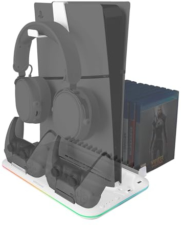 MARSGAMING MPS5-B2, RGB-Ständer für PS5 Slim Standard und Digital, 1x Lüfter, Dual-Controller-Ladestation, PS5-Ständer mit RGB-Neon-Beleuchtung, Spiele-Organizer + Headset-Ständer, Weiß
