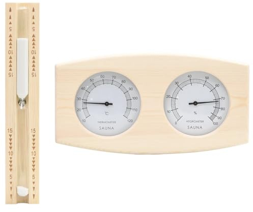JUDYY 2-in-1 Sauna-Hygrothermograph und Sanduhr Set Massivholz Kiefer, Saunauhr Sanduhr, Saunathermometer, Sanduhren Set - 51686