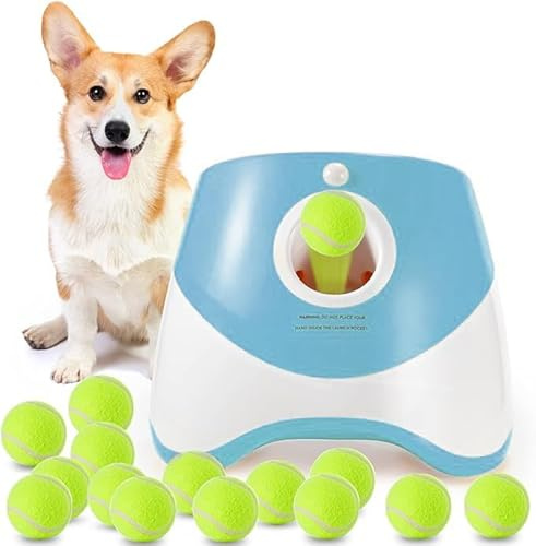 Grezea Automatic Dog Ball Launcher, Puppy Ball Thrower Machine with 10-30 Ft Launch Distance, Interactive Dog Toys for Small Dogs Indoor & Outdoor, Including 12 Mini Balls (Blue)