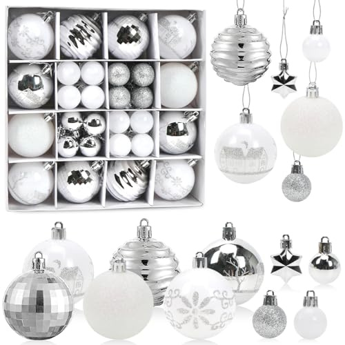 Weihnachtskugeln Weiß Silber, 44 Stück Christbaumkugeln Kunststoff Set, Weihnachtsdeko Kugeln Stern, Christbaumschmuck Große & Kleine, Weihnachtsbaumschmuck Weihnachtsbaum Deko