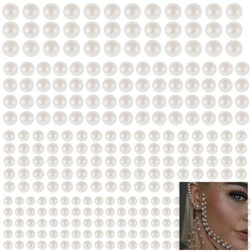 Mynoozi 2800 Stück Halbperlen Selbstklebend Weiß, DIY 3/4/5/6mm Selbstklebende Perlen-Aufkleber, Perlen Kleben für Schmuckherstellung Make-up Kleidung Halskette Armbänder Basteln DIY Handy-4 Blatt
