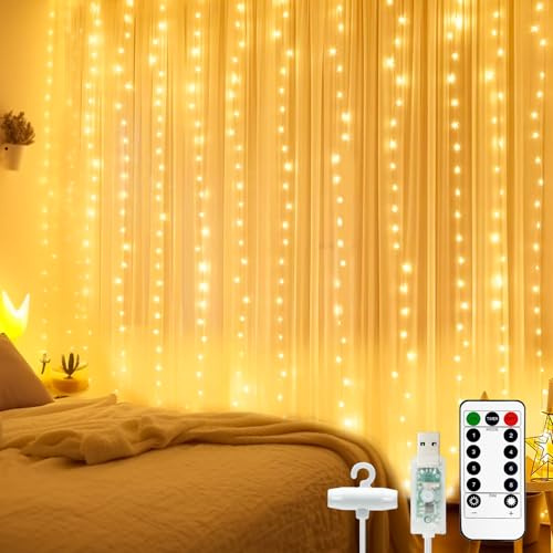 btfarm Lichtervorhang 3x3m, 300 LED Lichterketten Vorhang Innen | Fernbedienung, 8 Modi, Timer, USB Lichterkettenvorhang, Wasserdicht, für Schlafzimmer Zimmer Party Weihnachten Deko, Warmweiß