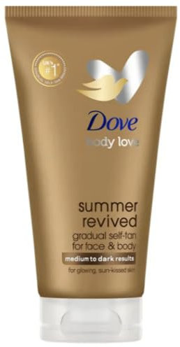 Dove Summer Revived Mittel bis Dunkel allmähliche Selbstbräunungslotion für Gesicht und Körper mit Aloe Vera & Glycerin für eine sonnengeküsste, schrittweise Bräune und seidig-weiche Haut, 2 x 75 ml