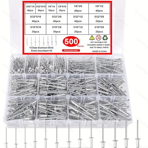 PETSTIBLE Nietensets, 500-teiliges Nietenset, 14 Größen von Aluminium-Blindnieten, sortierte Blindnieten